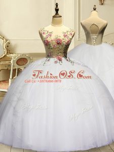 White Ball Gowns Scoop Sleeveless Organza Floor Length Lace Up Appliques and Ruffles Vestidos de Quinceanera