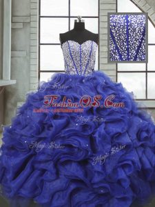 New Arrival Blue Sweetheart Lace Up Beading and Ruffles Sweet 16 Quinceanera Dress Sleeveless