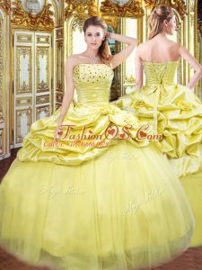 Floor Length Gold Ball Gown Prom Dress Strapless Sleeveless Lace Up