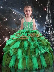 Straps Sleeveless Pageant Dress for Teens Floor Length Beading and Ruffles Apple Green Tulle
