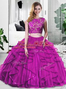Glorious Fuchsia Tulle Zipper Scoop Sleeveless Floor Length Quinceanera Gowns Lace and Ruffles