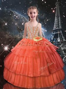 Glamorous Orange Red Lace Up Custom Made Pageant Dress Beading and Ruffled Layers Short Sleeves Floor Length