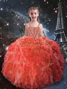 Unique Straps Sleeveless Lace Up Pageant Dress for Girls Coral Red Organza