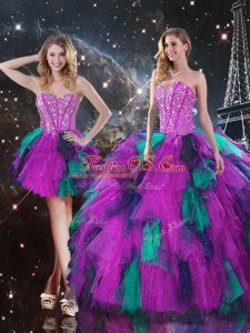 Great Multi-color Three Pieces Tulle Sweetheart Sleeveless Beading and Ruffles Floor Length Lace Up Sweet 16 Dresses