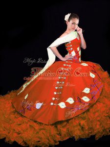 V-neck Sleeveless Sweet 16 Quinceanera Dress Brush Train Embroidery and Ruffles Rust Red Taffeta