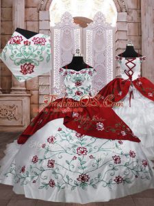 Amazing Spaghetti Straps Sleeveless Taffeta Little Girls Pageant Gowns Embroidery and Ruffled Layers Lace Up