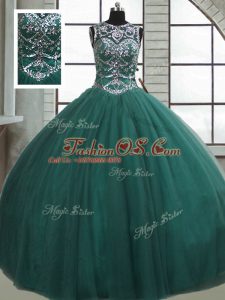 Fashion Dark Green 15th Birthday Dress Military Ball and Sweet 16 and Quinceanera with Beading Scoop Sleeveless Lace Up