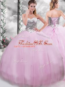 Lilac Lace Up Sweetheart Beading Quince Ball Gowns Tulle Sleeveless Brush Train