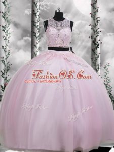 Scoop Sleeveless Quinceanera Dress Floor Length Beading and Appliques Baby Pink Tulle