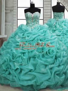 Sleeveless Organza Brush Train Lace Up Vestidos de Quinceanera in Turquoise with Beading and Pick Ups
