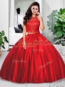 Beautiful Halter Top Sleeveless Quinceanera Gowns Floor Length Lace and Ruching Wine Red Taffeta