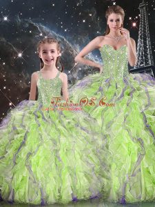 Yellow Green Lace Up Sweetheart Beading and Ruffles Sweet 16 Quinceanera Dress Organza Sleeveless