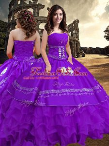 Charming Purple Zipper Strapless Embroidery and Ruffled Layers 15 Quinceanera Dress Taffeta Sleeveless
