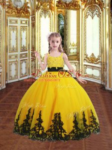 Lace and Appliques Evening Gowns Gold Zipper Sleeveless Floor Length