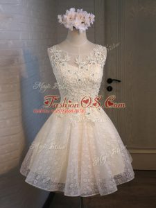 Custom Design Lace and Appliques and Belt Junior Homecoming Dress Champagne Lace Up Sleeveless Mini Length