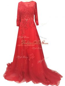 Smart Brush Train A-line Teens Party Dress Red Bateau Tulle Long Sleeves Zipper