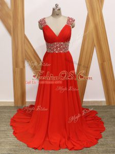 Red Chiffon Backless Red Carpet Gowns Sleeveless Brush Train Beading