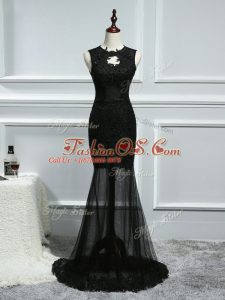 Black Evening Party Dresses Scoop Sleeveless Brush Train Backless