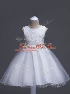 White Zipper Kids Formal Wear Lace Sleeveless Knee Length