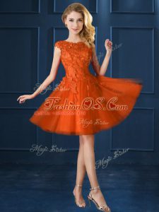 Custom Designed Orange Red Cap Sleeves Knee Length Lace and Belt Lace Up Bridesmaid Gown