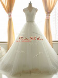 Delicate White A-line V-neck Sleeveless Tulle Brush Train Zipper Beading and Appliques Wedding Gowns