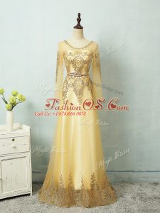 High Quality Long Sleeves Tulle Floor Length Zipper Evening Dresses in Yellow with Beading and Appliques and Belt