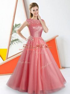 Shining Watermelon Red Sleeveless Floor Length Beading and Lace Backless Bridesmaid Dress
