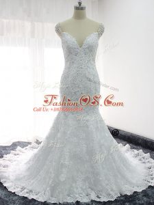 High Class White Wedding Gowns Lace Cap Sleeves Beading and Lace and Appliques