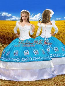 Off The Shoulder 3 4 Length Sleeve Little Girls Pageant Dress Floor Length Embroidery and Ruffles Blue And White Taffeta