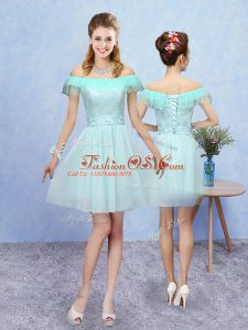 Aqua Blue Lace Up Off The Shoulder Lace Quinceanera Court of Honor Dress Tulle Cap Sleeves