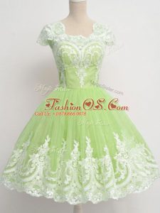Pretty Lace Vestidos de Damas Yellow Green Zipper Cap Sleeves Knee Length