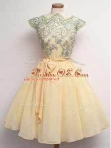 Best Selling Champagne Bridesmaid Dresses Prom and Party and Wedding Party with Lace and Belt Scalloped Cap Sleeves Lace Up