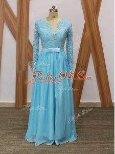 Beauteous Baby Blue Long Sleeves Lace Floor Length Mother Of The Bride Dress