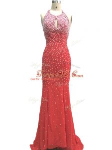 Glamorous Red Sleeveless Beading Criss Cross Evening Dresses