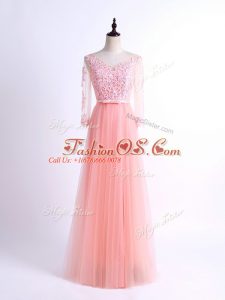 Pink Tulle Lace Up Vestidos de Damas Half Sleeves Floor Length Lace