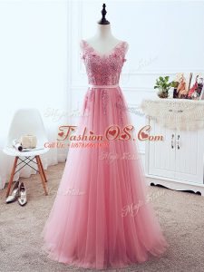 Pink V-neck Neckline Lace and Appliques and Belt Prom Party Dress Sleeveless Lace Up