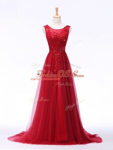 Shining Red Lace Up Scoop Lace and Appliques Evening Dress Tulle Sleeveless Brush Train