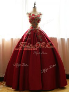 Wine Red Taffeta Lace Up Sweet 16 Quinceanera Dress Sleeveless Floor Length Appliques