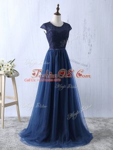 Classical Navy Blue Scoop Zipper Lace and Appliques Short Sleeves