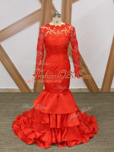 Red Long Sleeves Taffeta Backless Evening Dress for Prom and Military Ball and Wedding Party