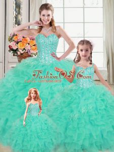 Turquoise Ball Gowns Organza Sweetheart Sleeveless Beading and Ruffles Floor Length Lace Up Quinceanera Gown