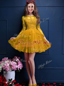 Scalloped 3 4 Length Sleeve Chiffon Wedding Guest Dresses Beading and Lace and Appliques Lace Up