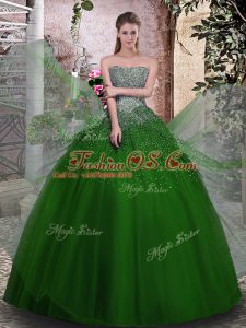 Classical Green Ball Gowns Tulle Strapless Sleeveless Beading Floor Length Lace Up Vestidos de Quinceanera
