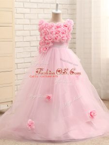 Zipper Little Girls Pageant Dress Wholesale Baby Pink for Wedding Party with Hand Made Flower Brush Train