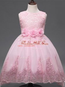 Elegant Sleeveless Zipper High Low Lace and Appliques and Bowknot and Hand Made Flower Pageant Gowns For Girls