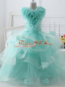 Apple Green Sleeveless Ruffles and Hand Made Flower Floor Length Kids Formal Wear