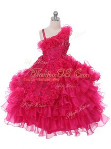 Hot Pink Asymmetric Neckline Lace and Ruffles and Ruffled Layers Girls Pageant Dresses Sleeveless Lace Up