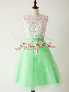 Knee Length Lace Up Bridesmaid Dresses Apple Green for Prom and Party and Wedding Party with Lace