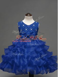 Royal Blue Zipper Little Girls Pageant Dress Wholesale Lace and Ruffled Layers and Bowknot Sleeveless Knee Length