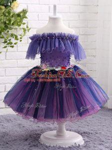Knee Length Ball Gowns Short Sleeves Purple Little Girls Pageant Gowns Lace Up